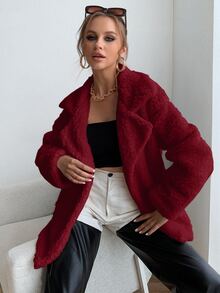 SHEIN Unity Drop Shoulder Pocket Patched Fleece Coat - Burgundy - View 4