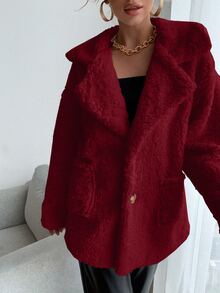 SHEIN Unity Drop Shoulder Pocket Patched Fleece Coat - Burgundy - View 5