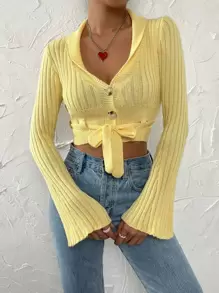 SHEIN Unity Nữ Cardigans Nút phía trước màu trơn Giải trí - Màu vàng - Xem 1