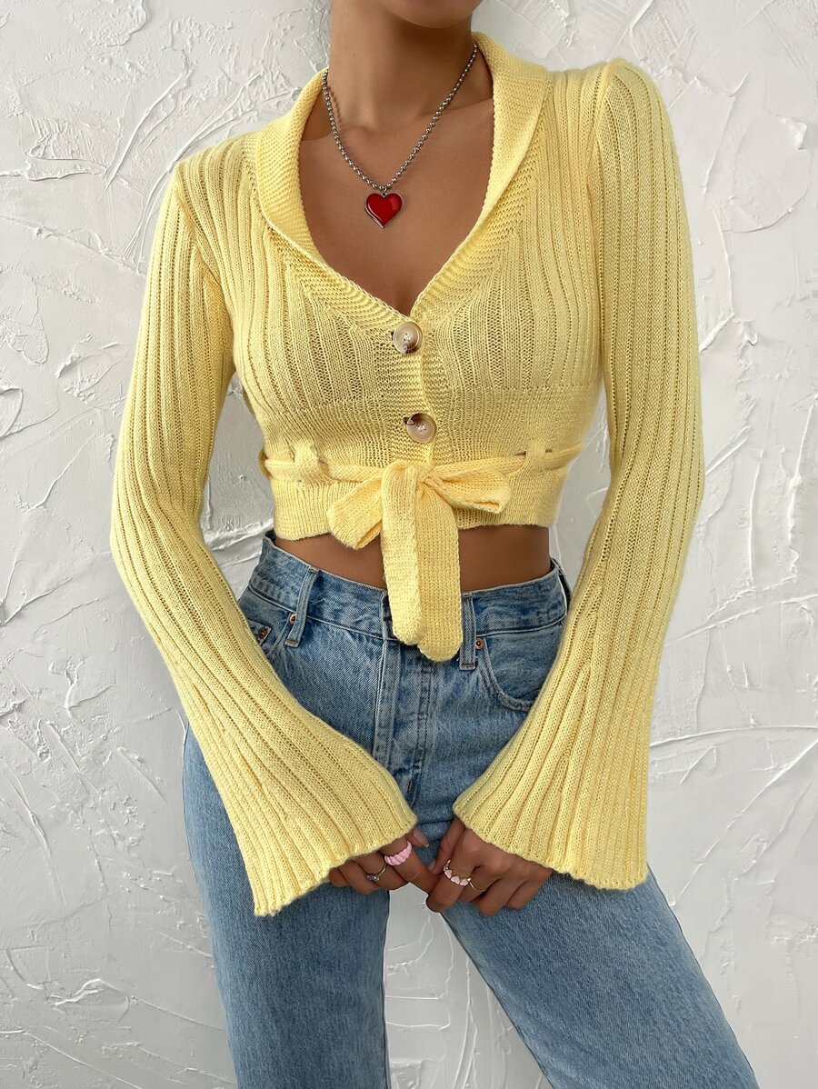 SHEIN Unity Nữ Cardigans Nút phía trước màu trơn Giải trí - Màu vàng - Xem 1