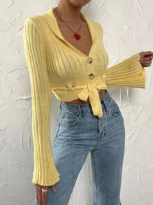 SHEIN Unity Nữ Cardigans Nút phía trước màu trơn Giải trí - Màu vàng - Xem 4