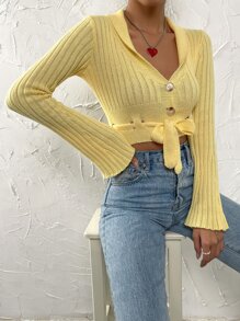 SHEIN Unity Nữ Cardigans Nút phía trước màu trơn Giải trí - Màu vàng - Xem 5