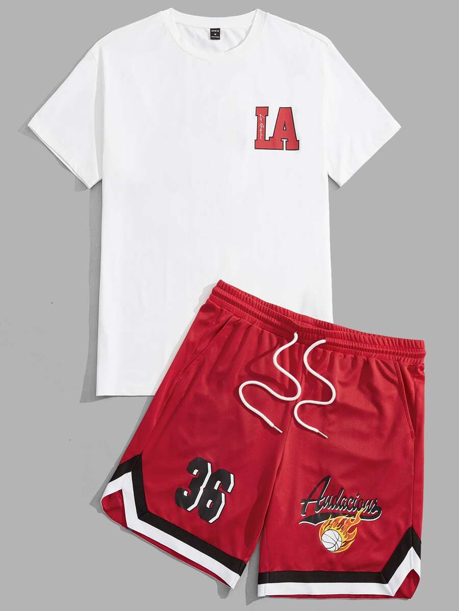 Manfinity RebelGame Men Letter Graphic Tee & Drawstring Waist Shorts Set - Red - View 1