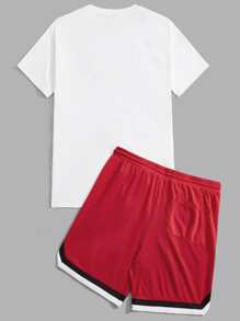 Manfinity RebelGame Men Letter Graphic Tee & Drawstring Waist Shorts Set - Red - View 2