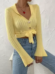 SHEIN Unity Nữ Cardigans Nút phía trước màu trơn Giải trí - Màu vàng - Xem 6