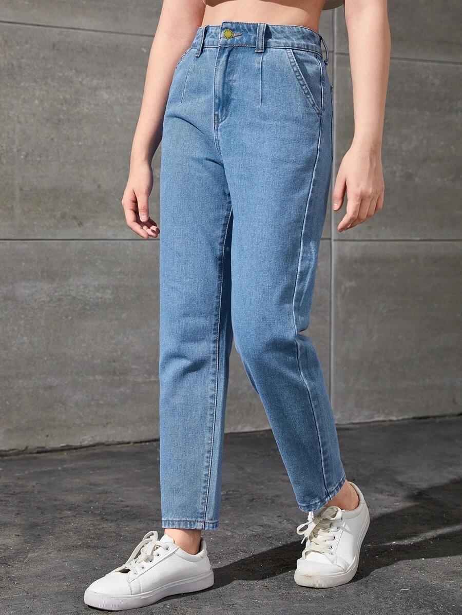 SHEIN Teen Girls High Waist Tapered Jeans - Medium Wash - View 1