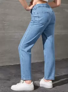 SHEIN Teen Girls High Waist Tapered Jeans - Medium Wash - View 2