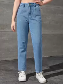 SHEIN Teen Girls High Waist Tapered Jeans - Medium Wash - View 3