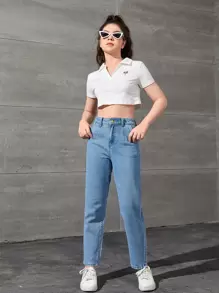 SHEIN Teen Girls High Waist Tapered Jeans - Medium Wash - View 4