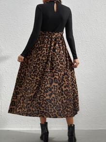 SHEIN Maternity Leopard Keyhole Back Wrap Hem Belted Dress - Multicolor - View 2