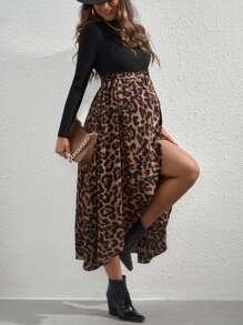 SHEIN Maternity Leopard Keyhole Back Wrap Hem Belted Dress - Multicolor - View 4