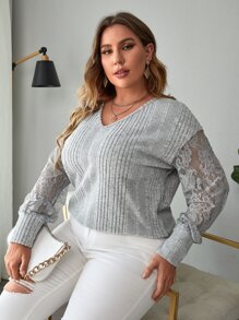 SHEIN LUNE Plus Contrast Lace Drop Shoulder Sweatshirt - Light Grey - View 4