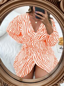 SHEIN Unity Plus Size Colorblock Print V-Neck Long Sleeve Dress - Coral Orange - View 1