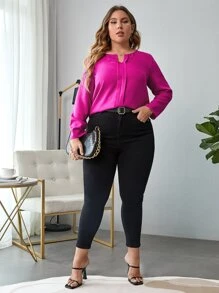 SHEIN LUNE Plus Notched Neck Blouse - Hot Pink - View 5