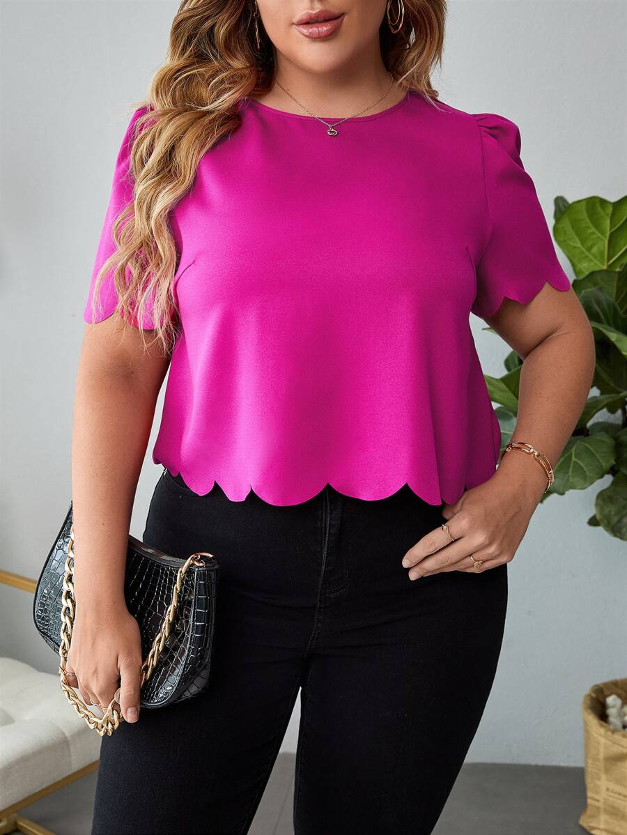 SHEIN Privé 大碼貝殼邊泡泡袖襯衫
