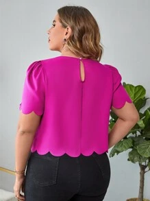 SHEIN Privé 大碼貝殼邊泡泡袖襯衫 - 玫紅色 - 查看 3