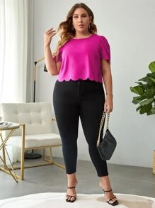 SHEIN Privé 大碼貝殼邊泡泡袖襯衫 - 玫紅色 - 查看 6