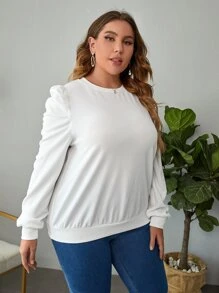 SHEIN Clasi Plus Solid Puff Sleeve Sweatshirt - White - View 3