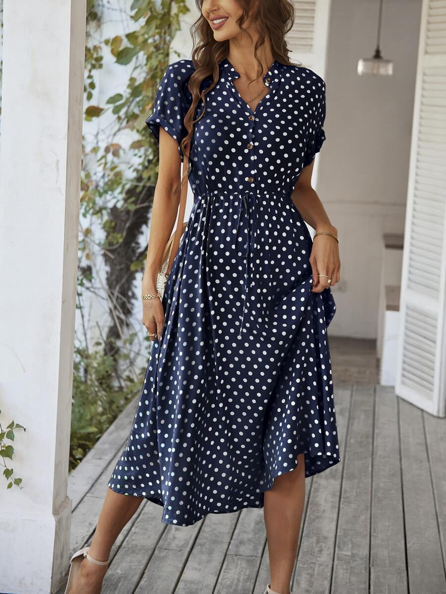 Breezaya Polka Dot Drawstring Button Front Dress Maxi Vacation Beach Outfits Women - Navy Blue - View 1