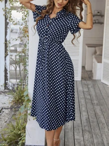 Breezaya Polka Dot Drawstring Button Front Dress Maxi Vacation Beach Outfits Women - Navy Blue - View 3