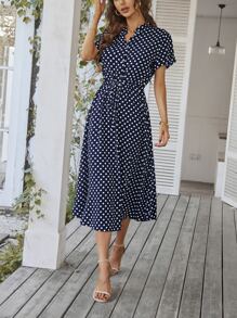 Breezaya Polka Dot Drawstring Button Front Dress Maxi Vacation Beach Outfits Women - Navy Blue - View 4
