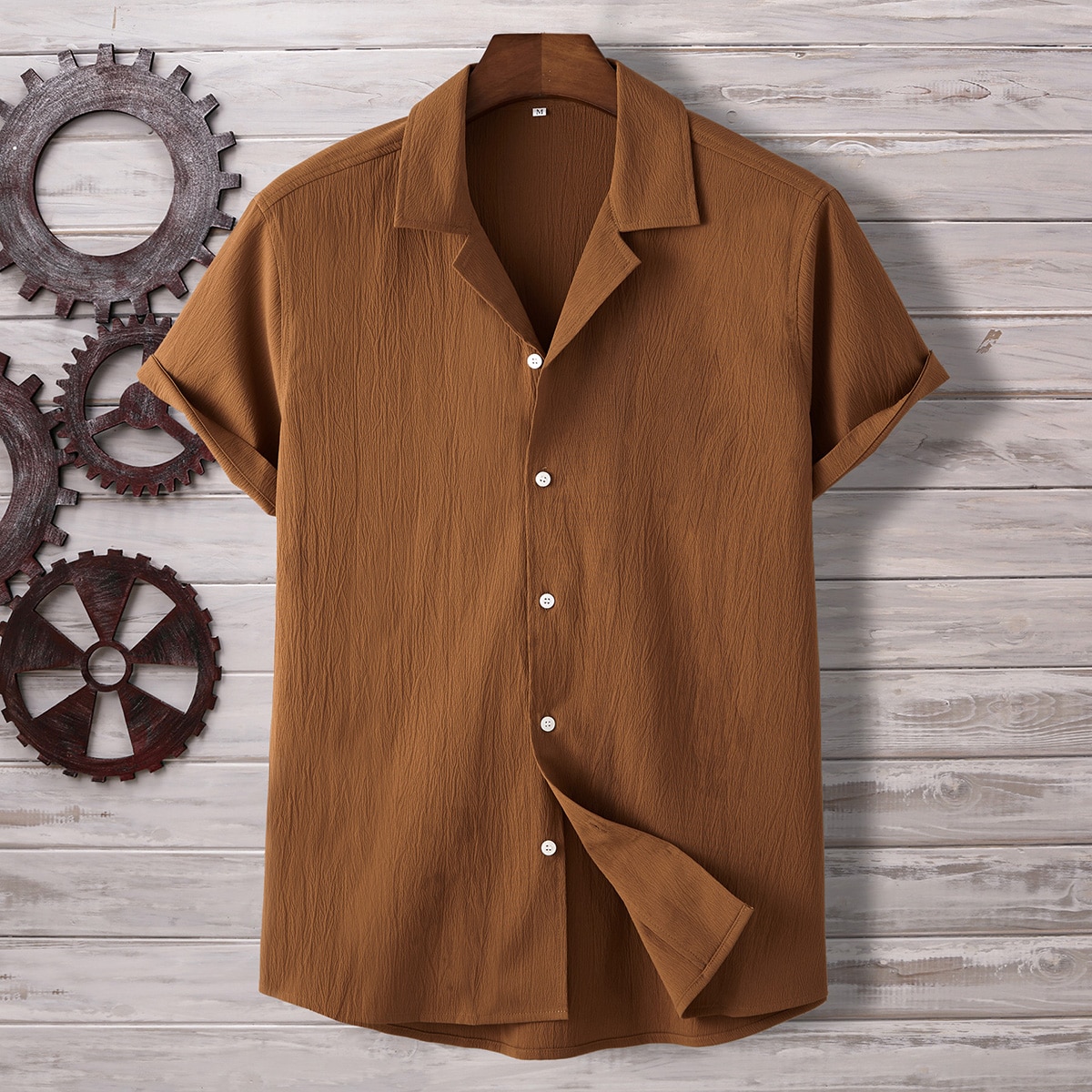 Camisa de manga larga con cuello de solapa y botones al frente, de color liso, para hombre, para salir, estilo de dinero antiguo