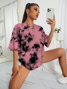 INAWLY 扎染落肩 T 恤 图案 T 恤 女式上衣