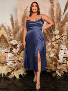 SHEIN Belle 大碼垂領高衩緞面吊帶裙伴娘禮服