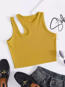 INAWLY Solid Cut Out Shoulder Ribbed Knit Tank Top For Summer - Yellow - View 1