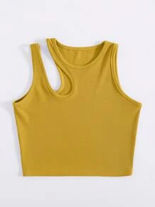 INAWLY Solid Cut Out Shoulder Ribbed Knit Tank Top For Summer - Yellow - View 4