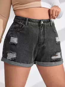 SHEIN Essnce Plus High Waist Ripped Roll Up Hem Denim Shorts - Dark Grey - View 1