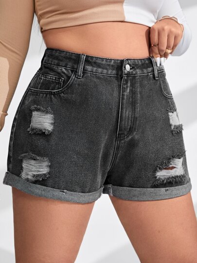 Women's Maternity Adjustable High Waist Ripped Roll Up Hem Denim Mini Shorts With Pocket Pants For Plus Size Women