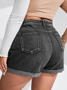 SHEIN Essnce Plus High Waist Ripped Roll Up Hem Denim Shorts - Dark Grey - View 2