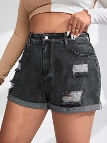 SHEIN Essnce Plus High Waist Ripped Roll Up Hem Denim Shorts - Dark Grey - View 5