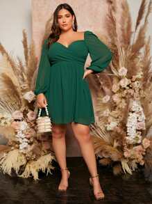 SHEIN Privé Plus Lantern Sleeve Overlap Collar Dress - Green - View 3