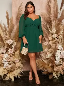 SHEIN Privé Plus Lantern Sleeve Overlap Collar Dress - Green - View 4