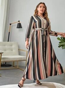 SHEIN Clasi Plus Striped Belted Shirt Dress