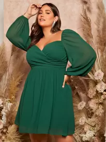 SHEIN Privé Plus Lantern Sleeve Overlap Collar Dress - Green - View 6