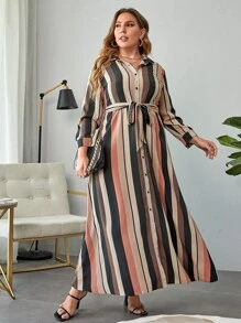 SHEIN Clasi Plus Striped Belted Shirt Dress