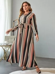 SHEIN Clasi Plus Striped Belted Shirt Dress