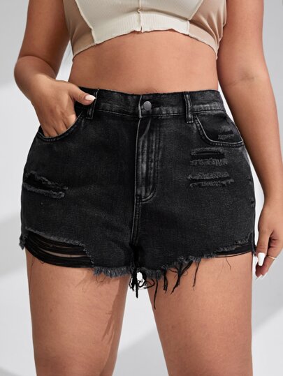 شورت دنيم ممزق قص خام مقاس كبير