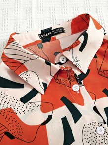 SHEIN Essnce 1入組圖案印花前排扣下擺打結襯衫 - 彩色 - 查看 5