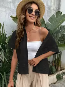 SHEIN LUNE Batwing Sleeve Pocket Patched Shirt - Black - View 3