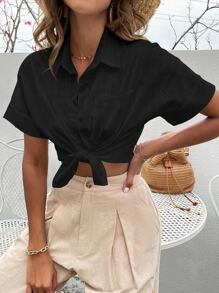 SHEIN LUNE Batwing Sleeve Pocket Patched Shirt - Black - View 5