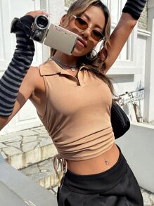 Solid Drawstring Side Rib-knit Crop Tank Top - Mocha Brown - View 1