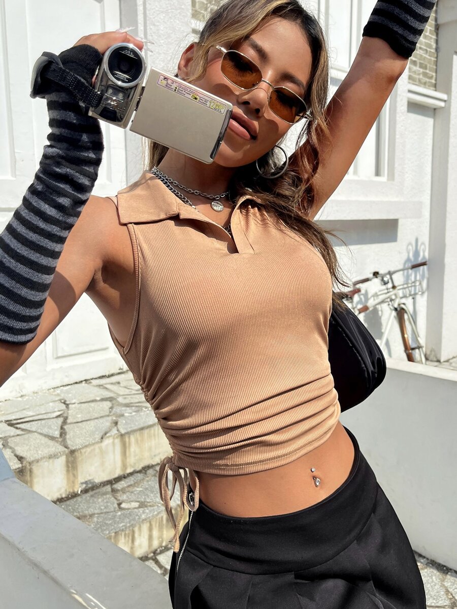 Solid Drawstring Side Rib-knit Crop Tank Top - Mocha Brown - View 1