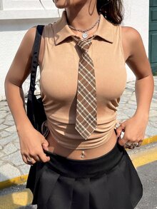 Solid Drawstring Side Rib-knit Crop Tank Top - Mocha Brown - View 4