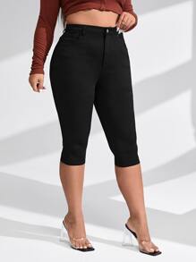 SHEIN Essnce 大尺碼春夏季休閒純色修身七分褲 - 黑色 - 查看 1