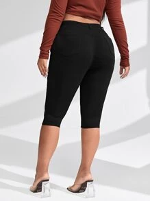 SHEIN Essnce 大尺碼春夏季休閒純色修身七分褲 - 黑色 - 查看 2