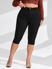 SHEIN Essnce 大尺碼春夏季休閒純色修身七分褲 - 黑色 - 查看 3